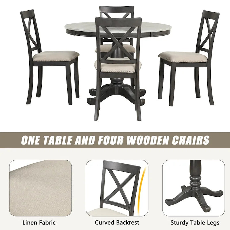 Ensemble de salle à manger moderne 5 pièces en bois avec table ronde et chaises