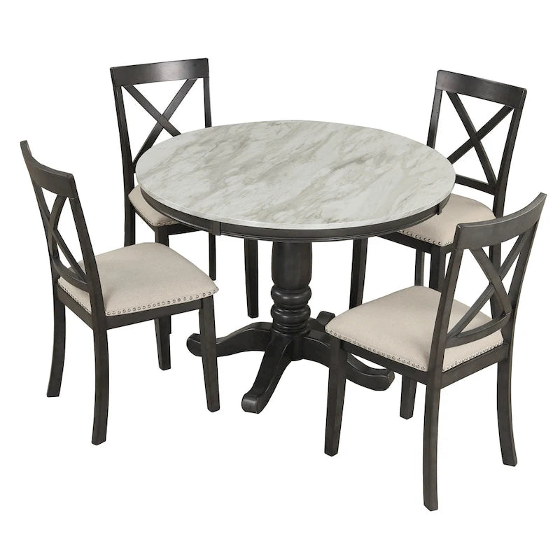 Ensemble de salle à manger moderne 5 pièces en bois avec table ronde et chaises