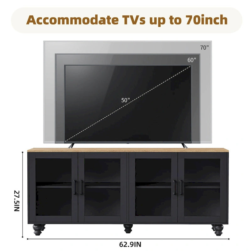 Meuble TV de ferme noir et noyer foncé avec étagères et portes en verre trempé pour téléviseurs jusqu'à 70 po