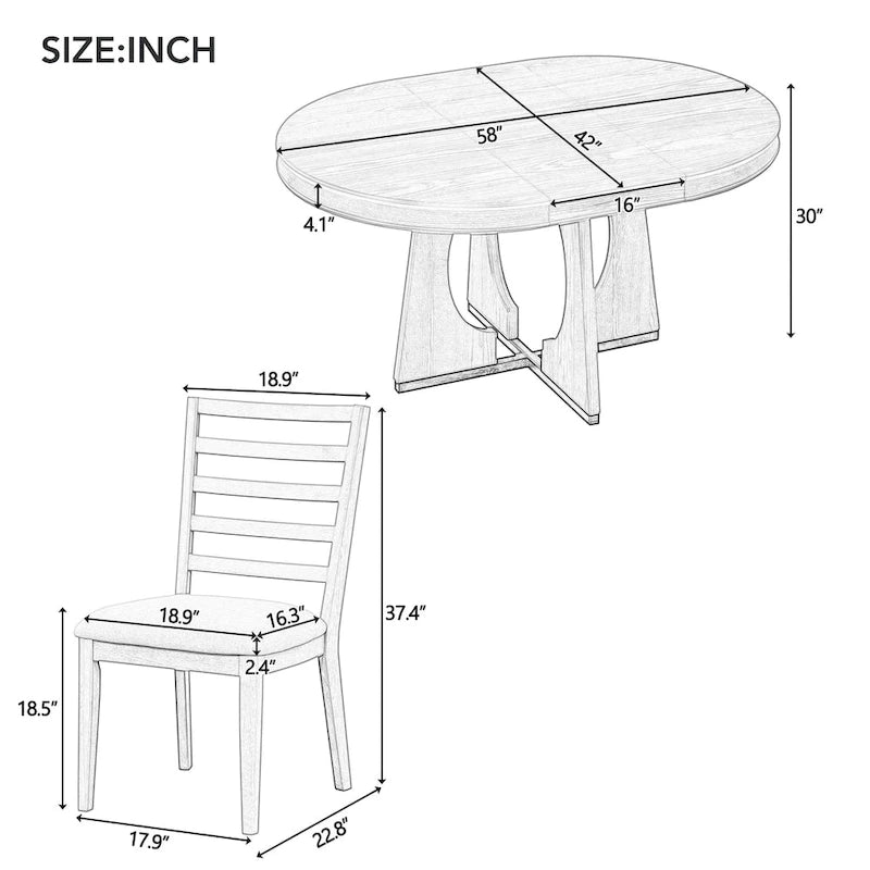 Ensemble de salle à manger vintage 5 pièces avec table à rallonge et 4 chaises