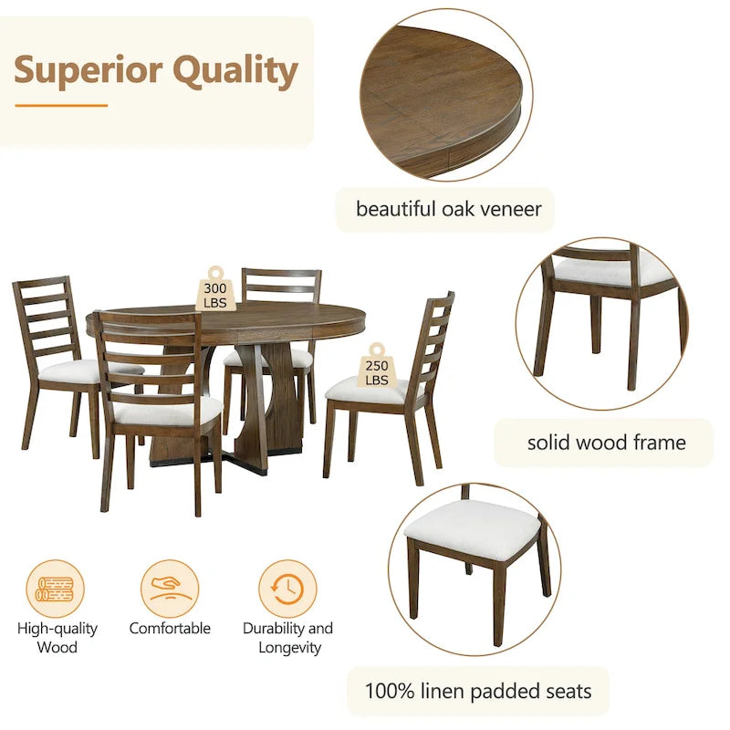 Ensemble de salle à manger vintage 5 pièces avec table à rallonge et 4 chaises