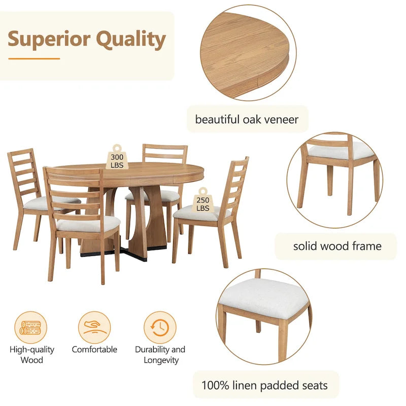 Ensemble de salle à manger vintage 5 pièces avec table à rallonge et 4 chaises