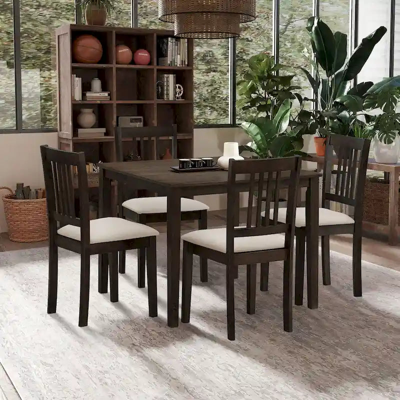 Ensemble de salle à manger moderne 5 pièces avec table carrée et 4 chaises rembourrées à dossier à lattes