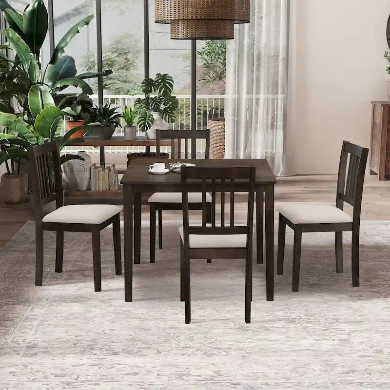 Ensemble de salle à manger moderne 5 pièces avec table carrée et 4 chaises rembourrées à dossier à lattes