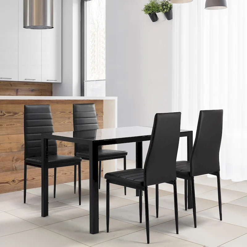 Ensemble de salle à manger moderne 5 pièces avec table rectangulaire en verre trempé et 4 chaises rembourrées à dossier haut