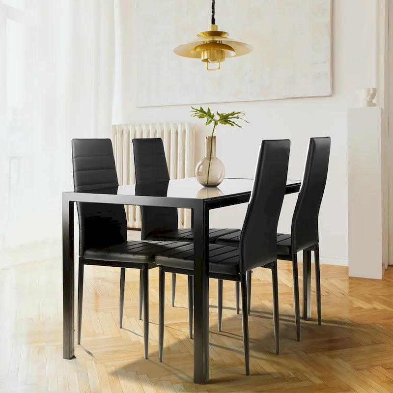 Ensemble de salle à manger moderne 5 pièces avec table rectangulaire en verre trempé et 4 chaises rembourrées à dossier haut