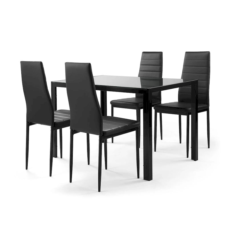 Ensemble de salle à manger moderne 5 pièces avec table rectangulaire en verre trempé et 4 chaises rembourrées à dossier haut