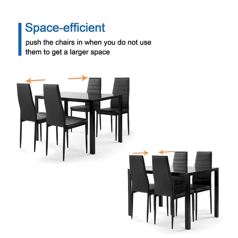 Ensemble de salle à manger moderne 5 pièces avec table rectangulaire en verre trempé et 4 chaises rembourrées à dossier haut