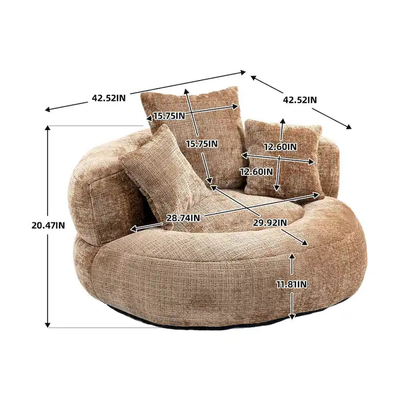 Canapé paresseux à dossier haut en chenille avec 3 oreillers et pouf géant