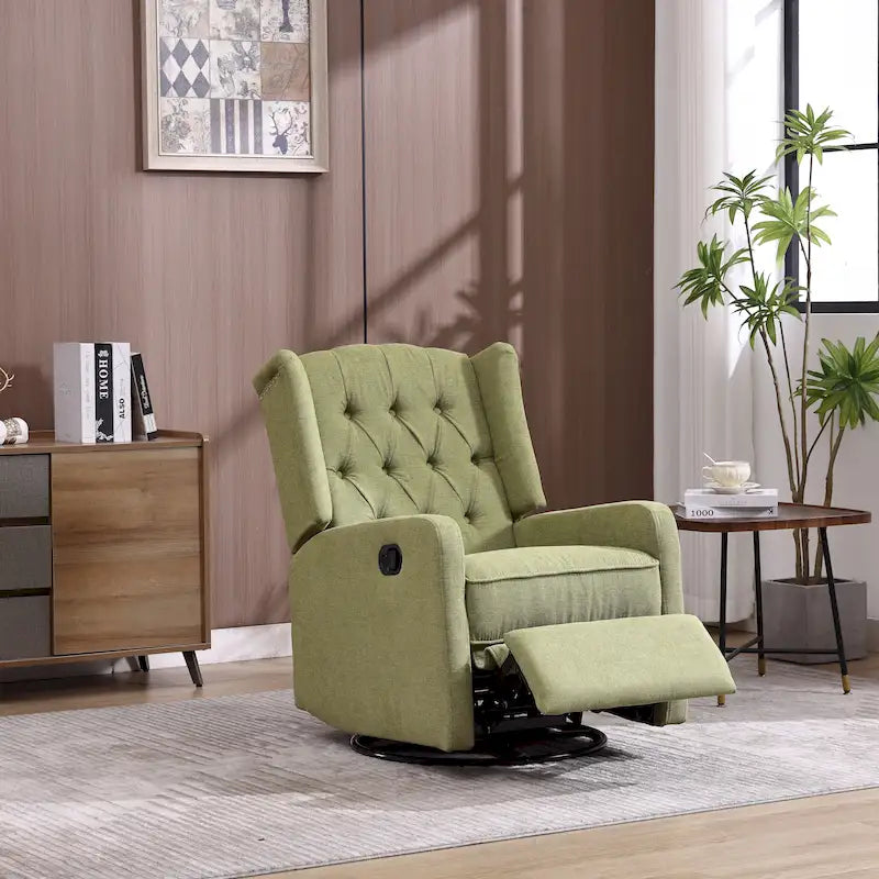 Fauteuil inclinable manuel pivotant à 360° en lin vert olive avec dossier capitonné et repose-pieds pour salon, chambre à coucher