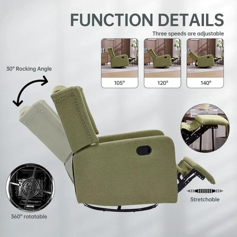 Fauteuil inclinable manuel pivotant à 360° en lin vert olive avec dossier capitonné et repose-pieds pour salon, chambre à coucher