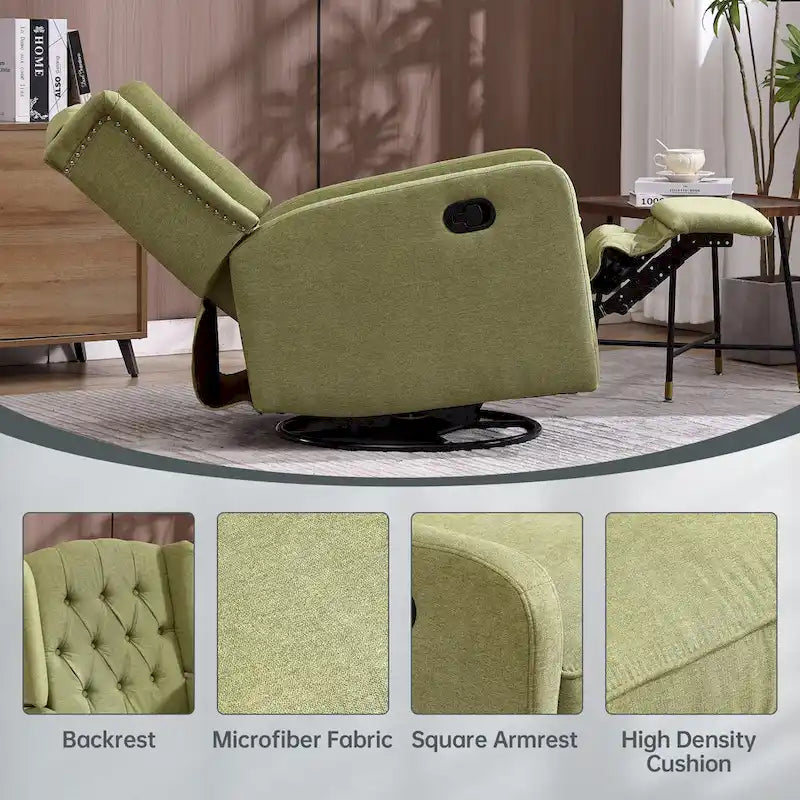 Fauteuil inclinable manuel pivotant à 360° en lin vert olive avec dossier capitonné et repose-pieds pour salon, chambre à coucher