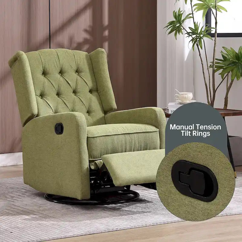Fauteuil inclinable manuel pivotant à 360° en lin vert olive avec dossier capitonné et repose-pieds pour salon, chambre à coucher