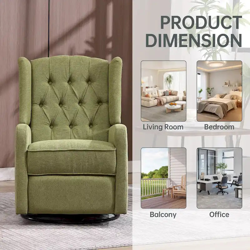 Fauteuil inclinable manuel pivotant à 360° en lin vert olive avec dossier capitonné et repose-pieds pour salon, chambre à coucher