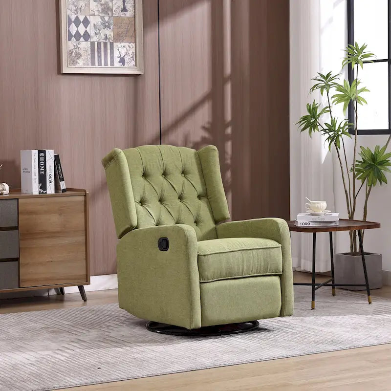 Fauteuil inclinable manuel pivotant à 360° en lin vert olive avec dossier capitonné et repose-pieds pour salon, chambre à coucher