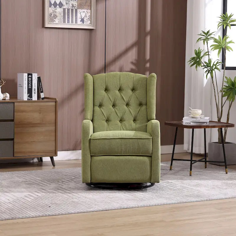 Fauteuil inclinable manuel pivotant à 360° en lin vert olive avec dossier capitonné et repose-pieds pour salon, chambre à coucher