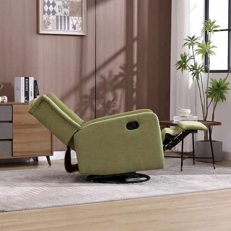 Fauteuil inclinable manuel pivotant à 360° en lin vert olive avec dossier capitonné et repose-pieds pour salon, chambre à coucher