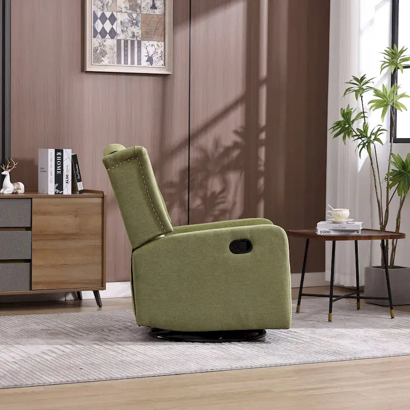 Fauteuil inclinable manuel pivotant à 360° en lin vert olive avec dossier capitonné et repose-pieds pour salon, chambre à coucher