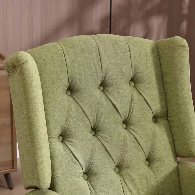 Fauteuil inclinable manuel pivotant à 360° en lin vert olive avec dossier capitonné et repose-pieds pour salon, chambre à coucher