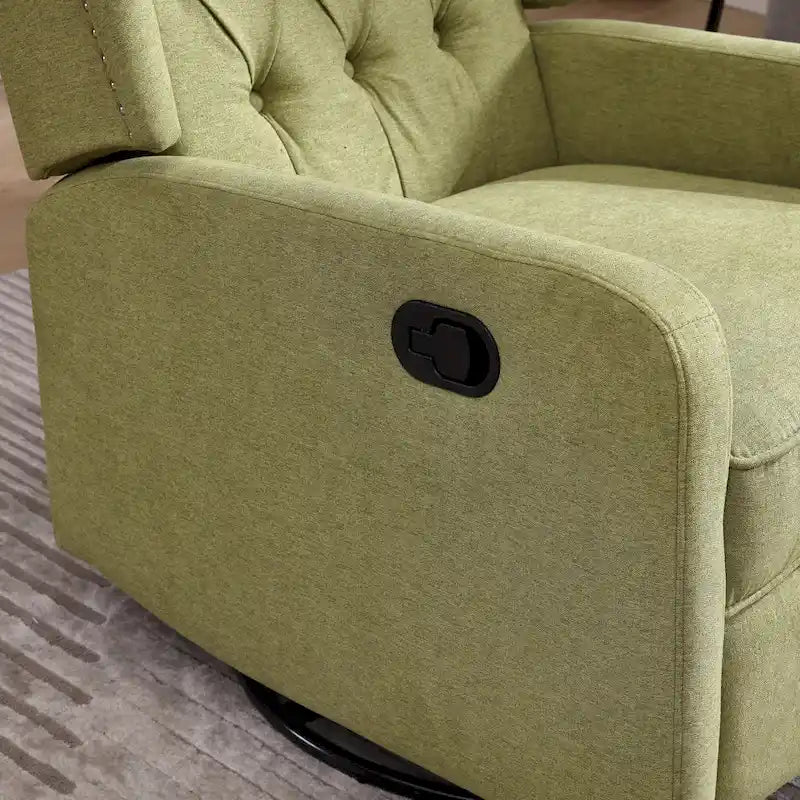 Fauteuil inclinable manuel pivotant à 360° en lin vert olive avec dossier capitonné et repose-pieds pour salon, chambre à coucher