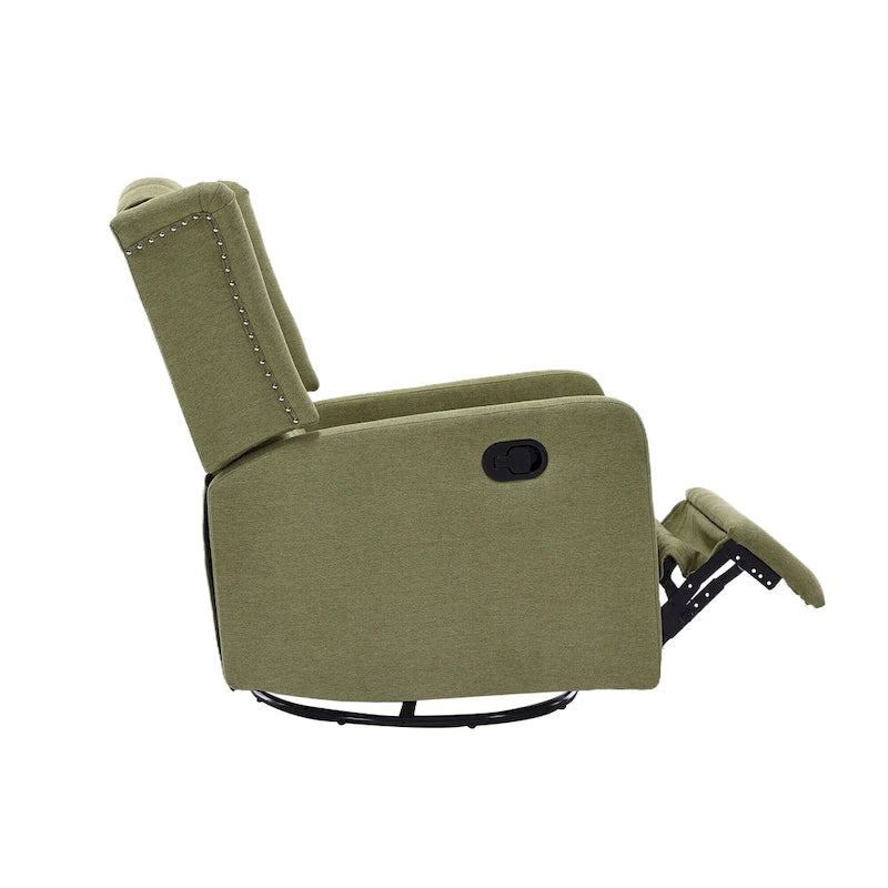 Fauteuil inclinable manuel pivotant à 360° en lin vert olive avec dossier capitonné et repose-pieds pour salon, chambre à coucher