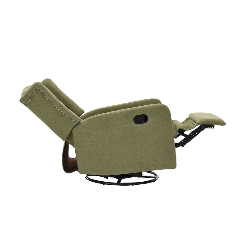 Fauteuil inclinable manuel pivotant à 360° en lin vert olive avec dossier capitonné et repose-pieds pour salon, chambre à coucher