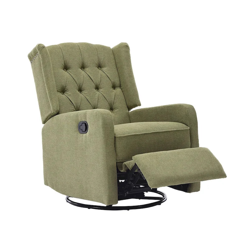 Fauteuil inclinable manuel pivotant à 360° en lin vert olive avec dossier capitonné et repose-pieds pour salon, chambre à coucher