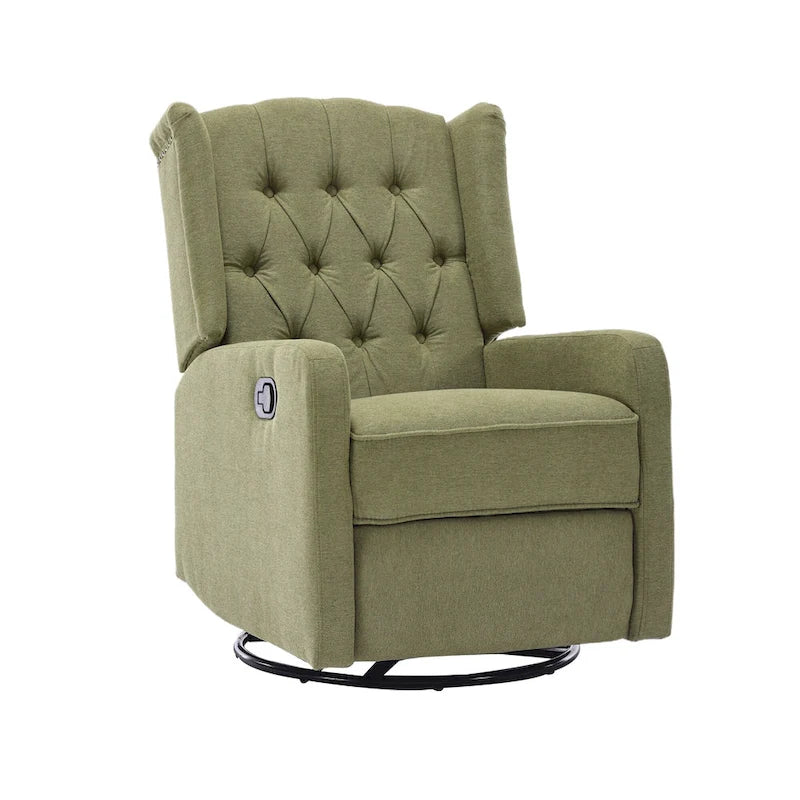 Fauteuil inclinable manuel pivotant à 360° en lin vert olive avec dossier capitonné et repose-pieds pour salon, chambre à coucher