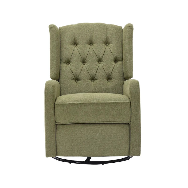 Fauteuil inclinable manuel pivotant à 360° en lin vert olive avec dossier capitonné et repose-pieds pour salon, chambre à coucher