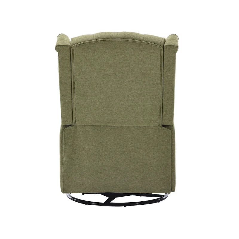 Fauteuil inclinable manuel pivotant à 360° en lin vert olive avec dossier capitonné et repose-pieds pour salon, chambre à coucher