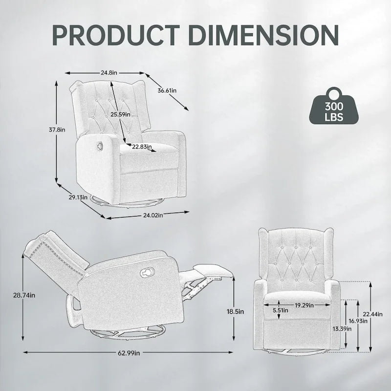 Fauteuil inclinable manuel pivotant à 360° en lin vert olive avec dossier capitonné et repose-pieds pour salon, chambre à coucher