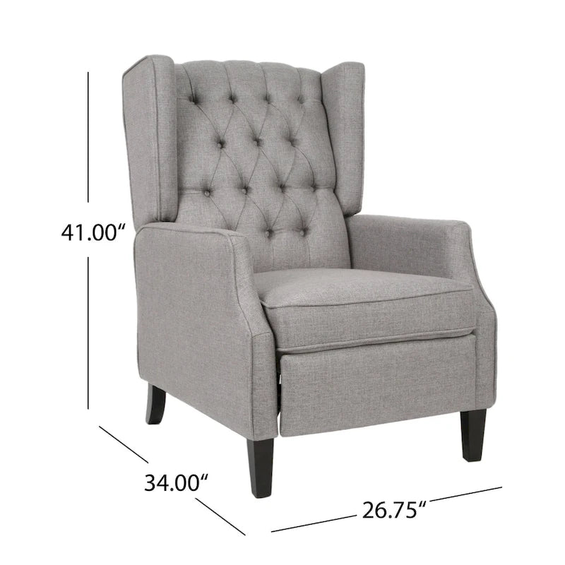 Fauteuil inclinable gris en tissu de style Mid-Century avec oreilles, mécanisme à poussoir, repose-pieds et dossier capitonné.