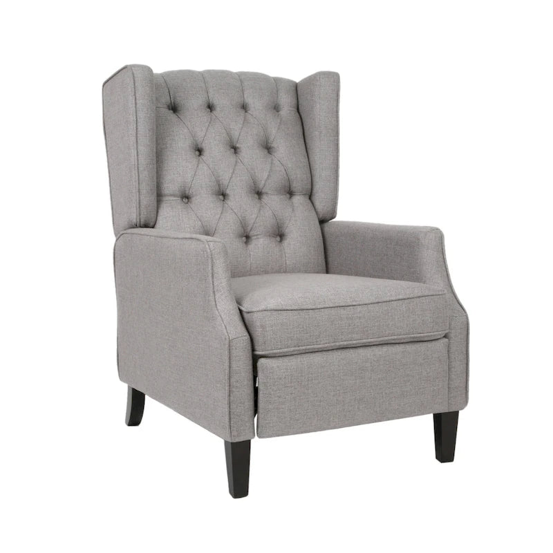 Fauteuil inclinable gris en tissu de style Mid-Century avec oreilles, mécanisme à poussoir, repose-pieds et dossier capitonné.