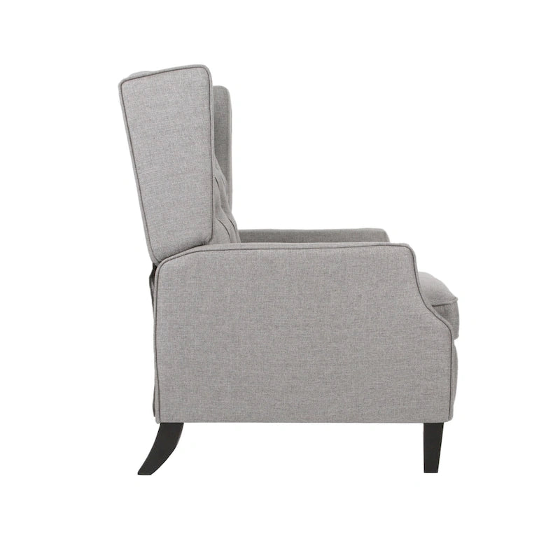Fauteuil inclinable gris en tissu de style Mid-Century avec oreilles, mécanisme à poussoir, repose-pieds et dossier capitonné.