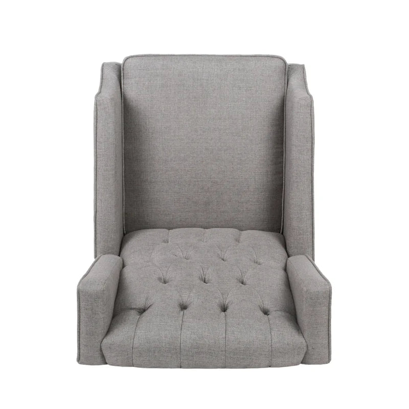 Fauteuil inclinable gris en tissu de style Mid-Century avec oreilles, mécanisme à poussoir, repose-pieds et dossier capitonné.