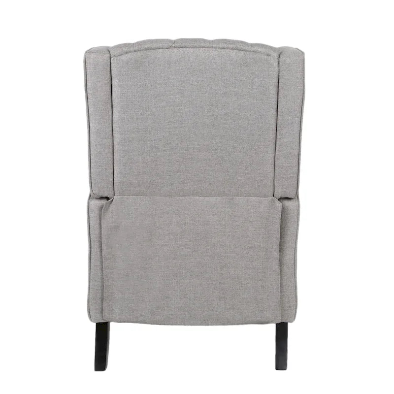 Fauteuil inclinable gris en tissu de style Mid-Century avec oreilles, mécanisme à poussoir, repose-pieds et dossier capitonné.