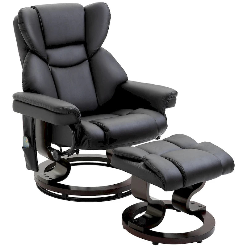Ensemble fauteuil inclinable manuel pivotant à 360° en similicuir noir avec repose-pieds, 10 points de massage vibrants, poche latérale