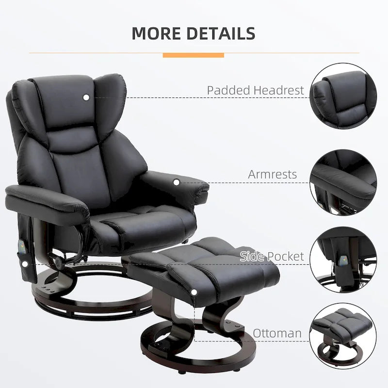Ensemble fauteuil inclinable manuel pivotant à 360° en similicuir noir avec repose-pieds, 10 points de massage vibrants, poche latérale