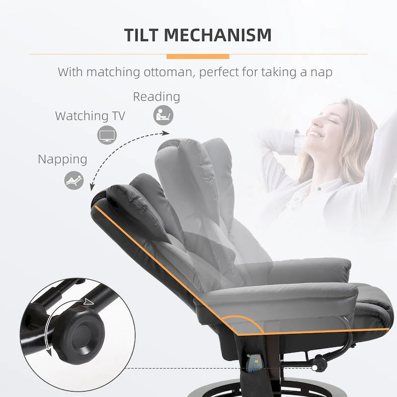 Ensemble fauteuil inclinable manuel pivotant à 360° en similicuir noir avec repose-pieds, 10 points de massage vibrants, poche latérale