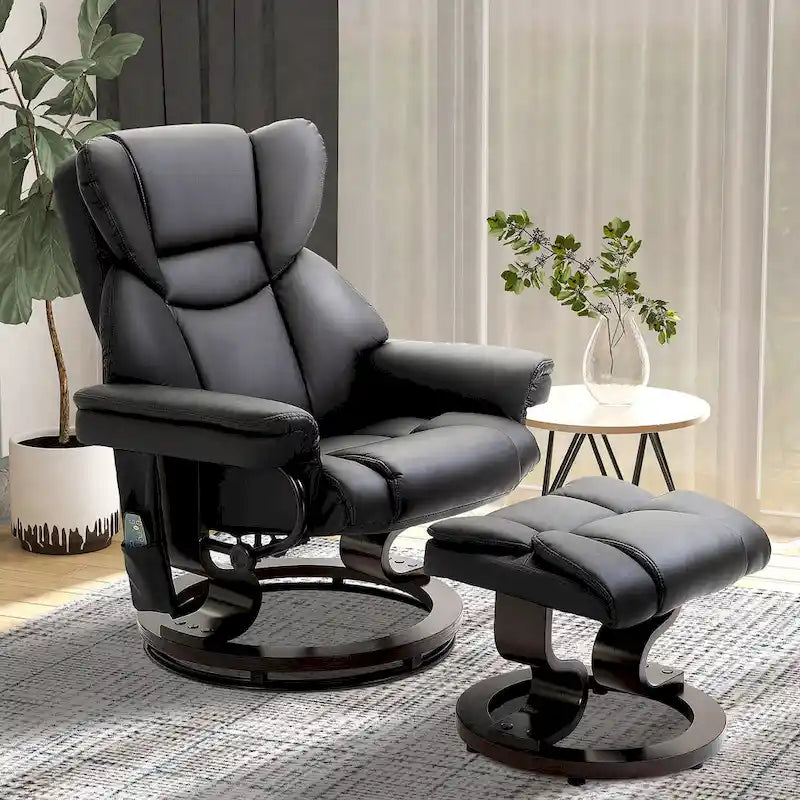 Ensemble fauteuil inclinable manuel pivotant à 360° en similicuir noir avec repose-pieds, 10 points de massage vibrants, poche latérale