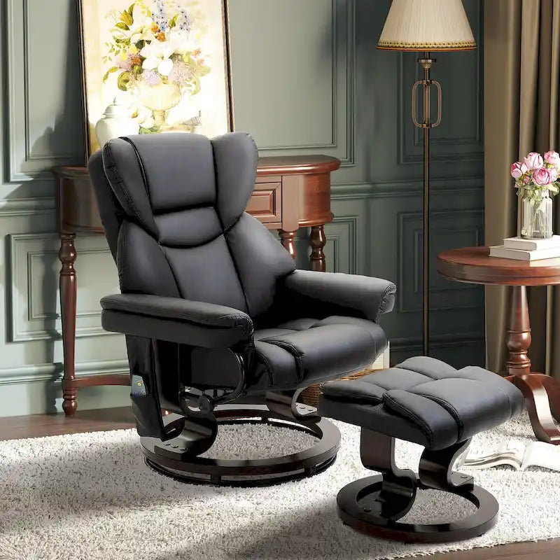 Ensemble fauteuil inclinable manuel pivotant à 360° en similicuir noir avec repose-pieds, 10 points de massage vibrants, poche latérale