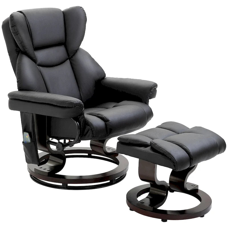 Ensemble fauteuil inclinable manuel pivotant à 360° en similicuir noir avec repose-pieds, 10 points de massage vibrants, poche latérale