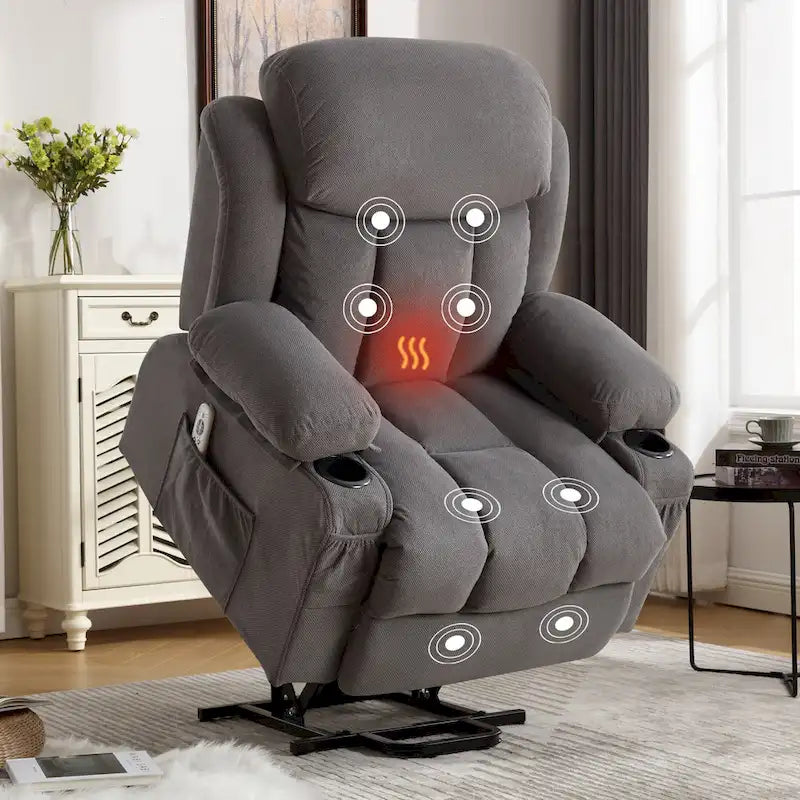 Grey Power Lift Recliner with Heated Massage, USB Charging, Remote Control, and Convenient Side Pockets for Seniors