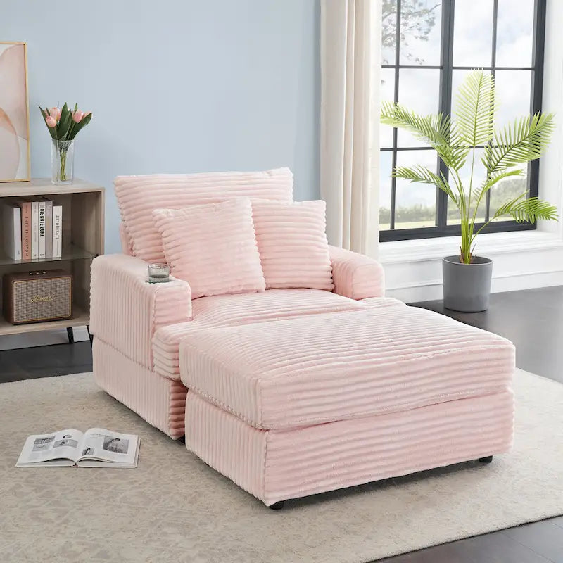 Fauteuil simple en velours côtelé rose de 99,9 cm avec pouf et porte-gobelet pour le salon
