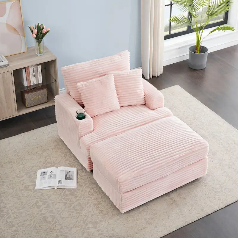 Fauteuil simple en velours côtelé rose de 99,9 cm avec pouf et porte-gobelet pour le salon