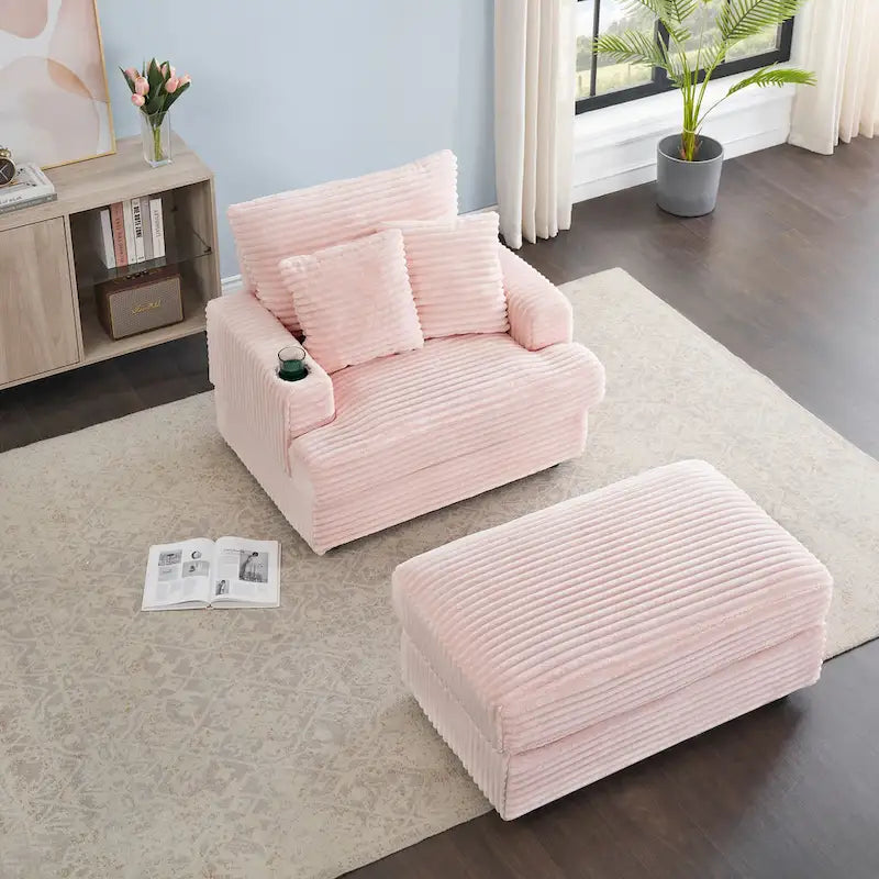 Fauteuil simple en velours côtelé rose de 99,9 cm avec pouf et porte-gobelet pour le salon