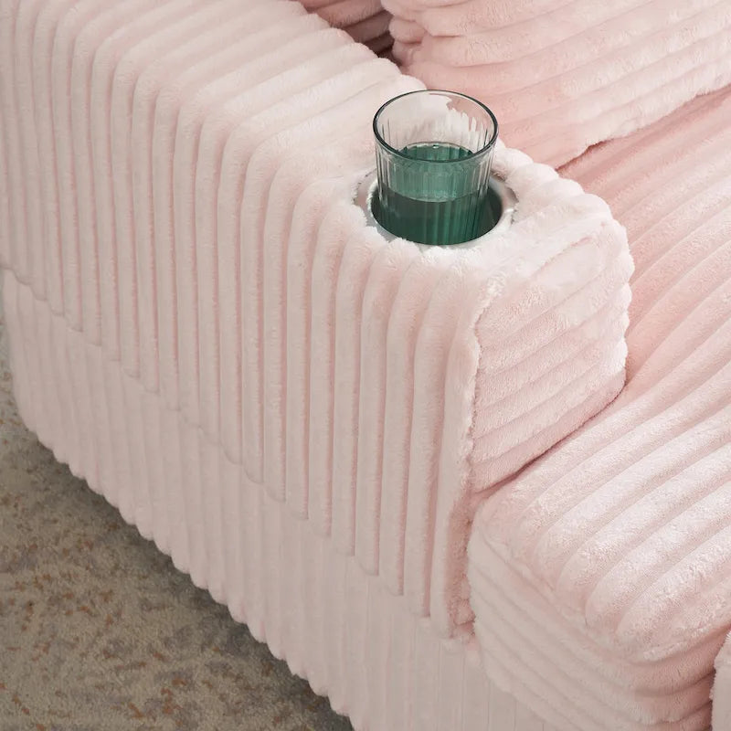 Fauteuil simple en velours côtelé rose de 99,9 cm avec pouf et porte-gobelet pour le salon