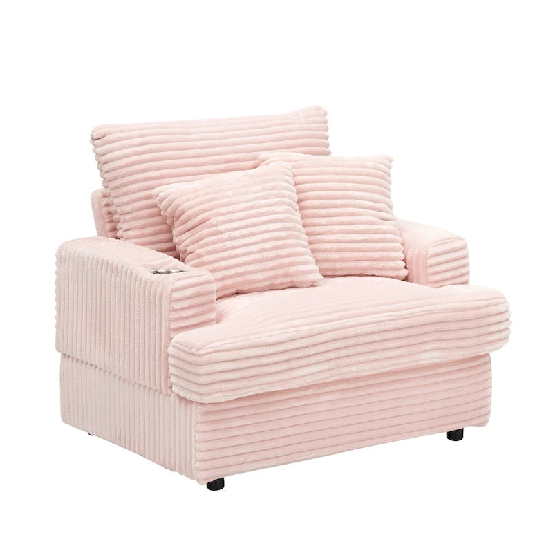 Fauteuil simple en velours côtelé rose de 99,9 cm avec pouf et porte-gobelet pour le salon