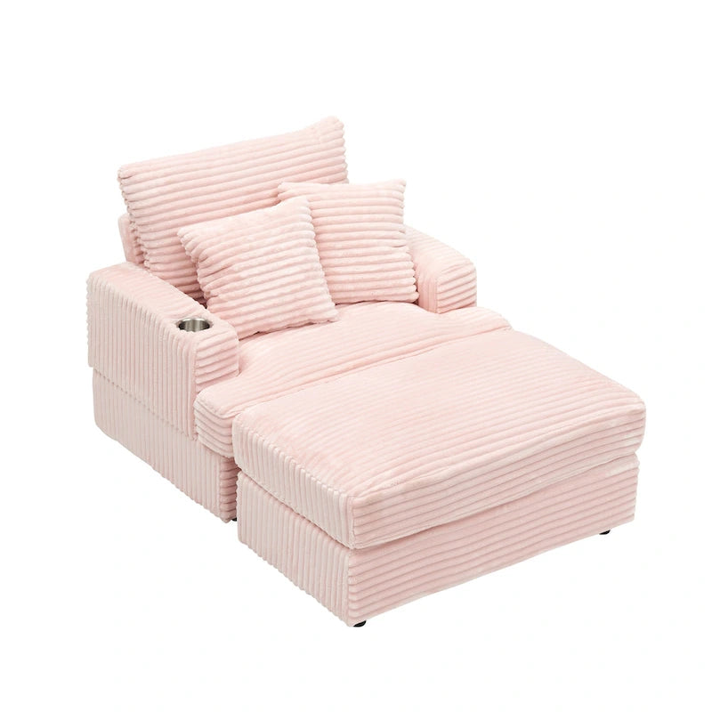 Fauteuil simple en velours côtelé rose de 99,9 cm avec pouf et porte-gobelet pour le salon