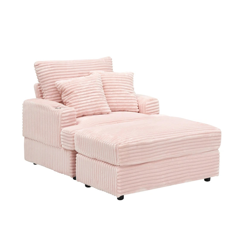 Fauteuil simple en velours côtelé rose de 99,9 cm avec pouf et porte-gobelet pour le salon